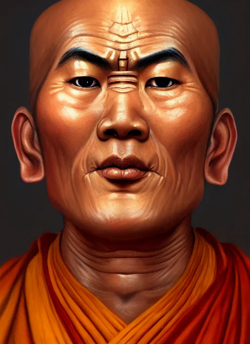 Prompt: smart tai buddhist monk, sukothai, closeup portrait, without eyebrows, historical hero, ethnic group, tai costume, intricate, elegant, loin cloth, highly detailed, oil painting, artstation, concept art, matte, sharp focus, illustration, hearthstone, art by earl norem