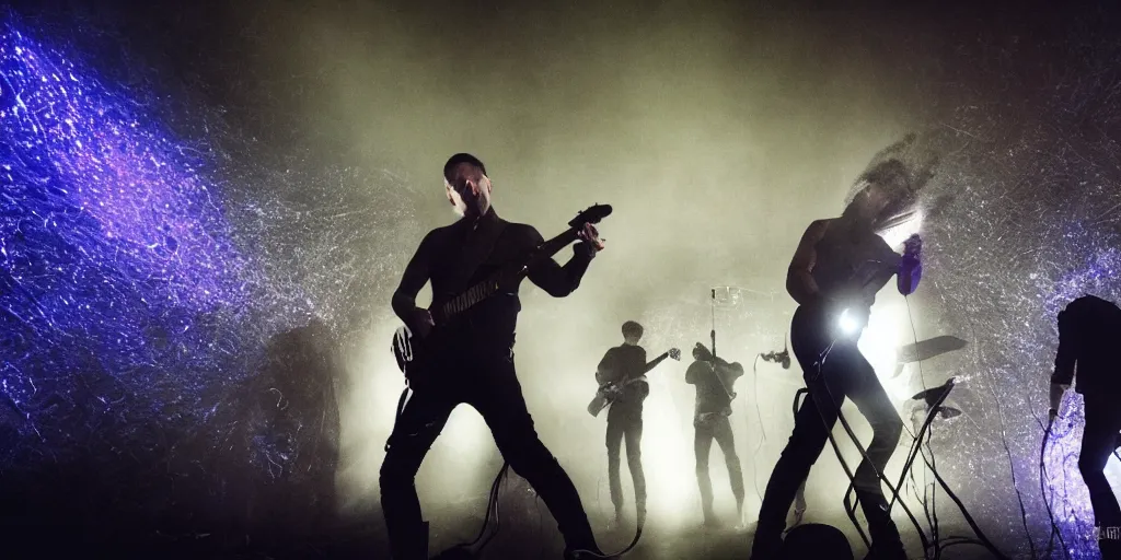 Image similar to dusty Trent Reznor smashing guitars, group of people on stage playing instruments, elaborate stage effects, dust, smoke, giant LED screens, colored projections, ultrafine detail, goth cybersuit, glowing thin wires, smoke, high contrast, projections, a screenshot by David Gilmour Blythe, holography, tesseract, volumetric lighting, anamorphic lens flare