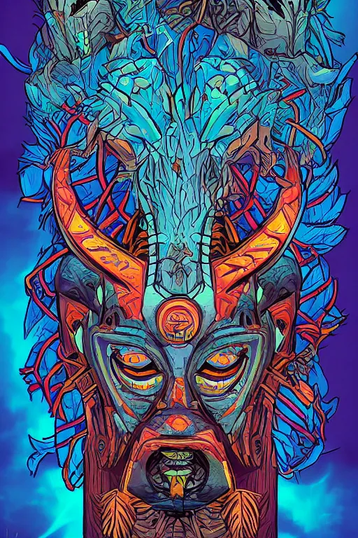 Image similar to totem animal tribal chaman vodoo mask feather gemstone plant wood rock video game illustration vivid color borderlands by josan gonzales and dan mumford radiating a glowing aura