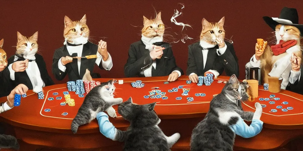 Image similar to five cats playing Texas holdem poker, smoking cigarettes and singing