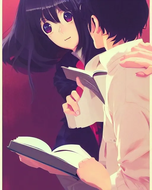 Image similar to cute girl reading book with her boyfriend, shy emotion. | very very anime!!!, fine - face, audrey plaza, realistic shaded perfect face, fine details. anime. very strong realistic shaded lighting poster by ilya kuvshinov katsuhiro otomo ghost, magali villeneuve, artgerm, jeremy lipkin and michael garmash and rob rey