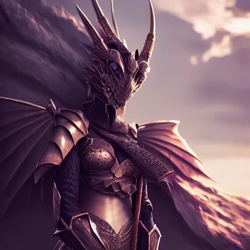 Prompt: highly detailed realistic stunning shot of a beautiful female anthropomorphic dragon knight, resting her sword over her armored shoulder, cloak flittering in the wind, high quality, HD octane render, epic cinematography, Artstation, Deviantart, Furaffinity