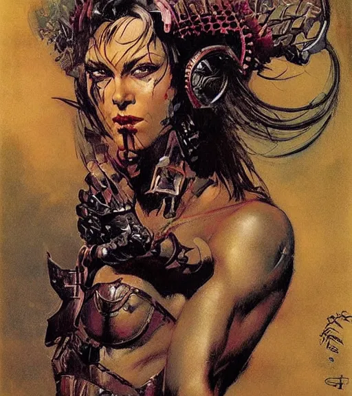 Image similar to portrait of strong female chaos angel, beautiful! coherent! by frank frazetta, by brom, strong line, deep color, spiked metal armor, maximalist