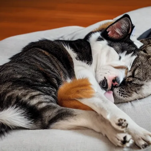 Prompt: dog sleeping on cat