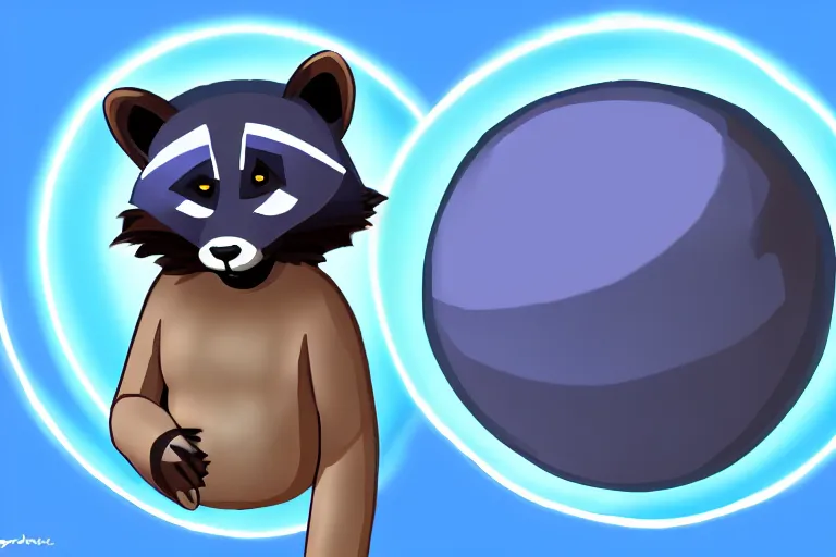 Image similar to an anthropomorphic male raccoon fursona who is a big and round blue sphere, furry art, deviantart