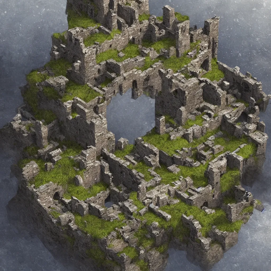 Image similar to looking up at a ruined castle on a small island only reachable by a small land bridge, 8 k, ultra realistic cinematic, intricate, cinematic light, concept art, illustration, art station