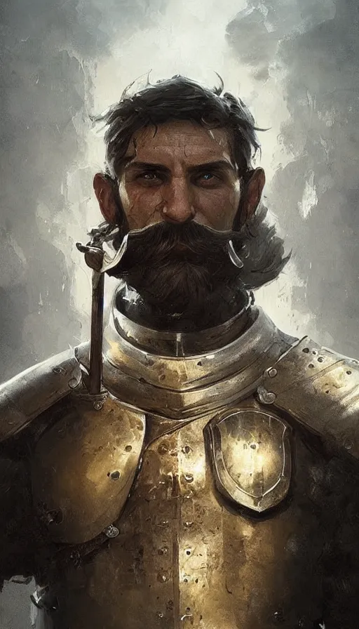 Image similar to Portrait of an old knight with a large moustache, male, detailed face, fantasy, highly detailed, cinematic lighting, digital art painting by greg rutkowski