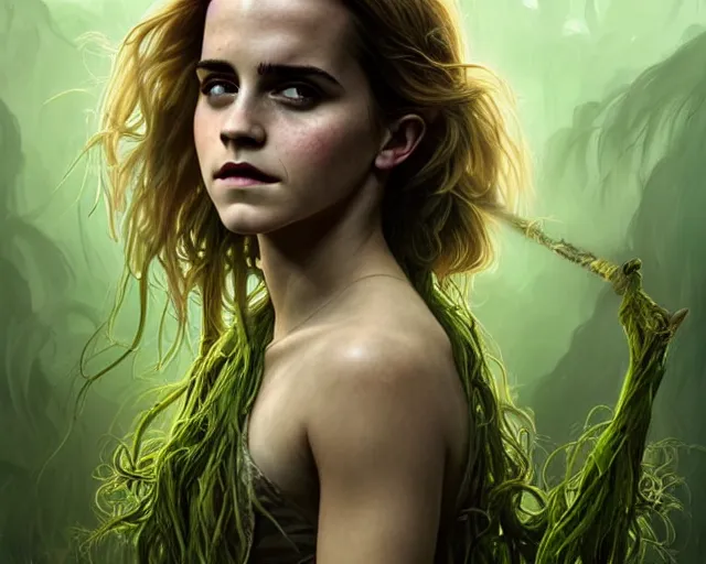 Image similar to mindblowing portrait of emma watson as a swamp witch, green colored skin!!, holding caduceus, messy hair, deep focus, d & d, fantasy, intricate, elegant, highly detailed, digital painting, artstation, concept art, matte, sharp, illustration, hearthstone, art by artgerm and greg rutkowski and alphonse mucha