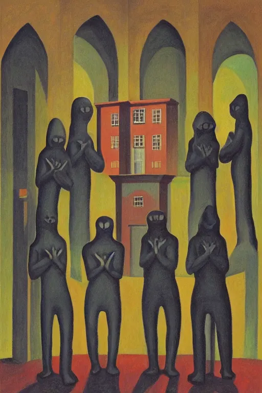 Prompt: fine illustration of five hooded disciples in masks praying to a fascist monument in a brutalist courtyard, lit from below, twilight, lowbrow surrealism, PJ Crook, Edward Hopper oil on canvas