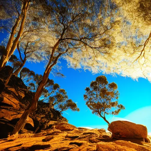 Prompt: Beautiful photo of a rock in an Australian forest, cut out of a quarry, blue sky, trees in the background, wallpaper, 4k, short exposure