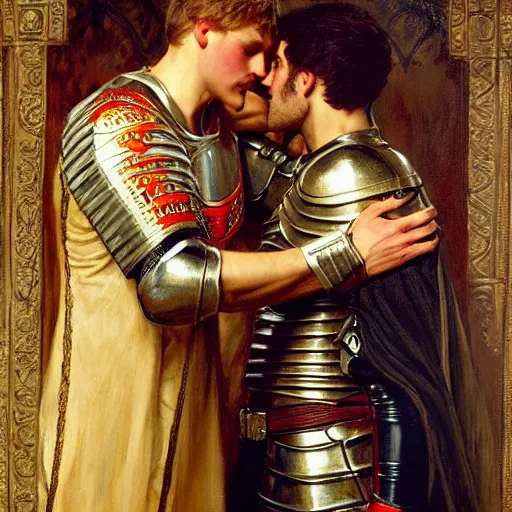 Image similar to attractive fully clothed arthur pendragon confesses his love for his attractive fully clothed male knight. highly detailed painting by gaston bussiere and j. c. leyendecker 8 k