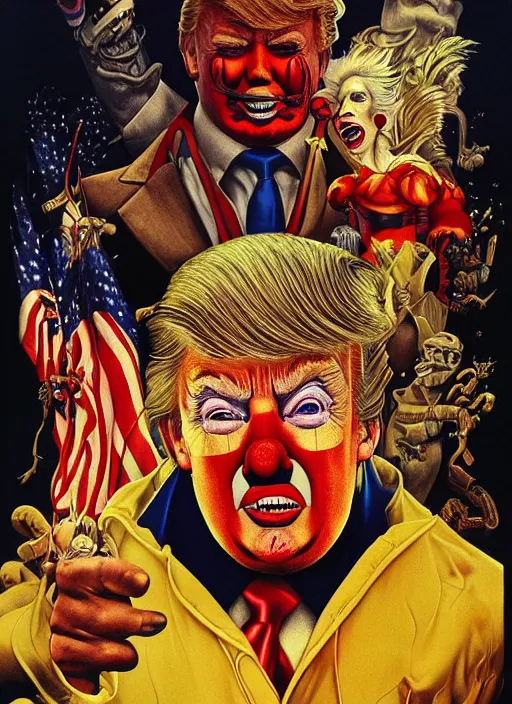 Prompt: donald trump is a disgusting clown, grotesque, horror, high details, intricate details, by vincent di fate, artgerm julie bell beeple, 1 9 8 0 s, inking, vintage 8 0 s print, screen print