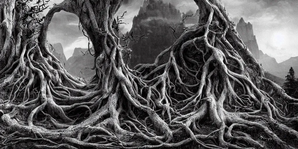 Prompt: portrait of a sickle getting overgrown by roots, forest, dolomites, alpine, detailed intricate insanely detailed octane render, 8k artistic 1920s photography, photorealistic, black and white, chiaroscuro, hd, by David Cronenberg, Raphael, Caravaggio