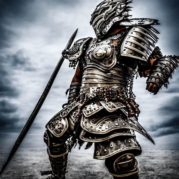 Prompt: photo of a warrior with metal tiger themed armour, highly detailed, 4 k, hdr, smooth, sharp focus, high resolution, award - winning photo