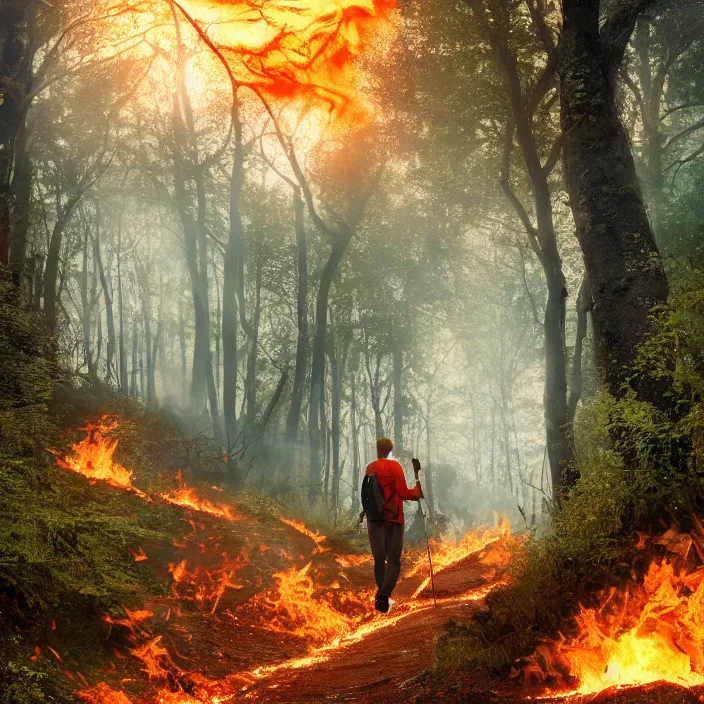 Image similar to happy blonde english man hiking a beautiful path through a forest ablaze on fire, fluent composition, concept art, ambient light, 4 k, intricate details, highly professionally detailed, cgsociety, highly detailed