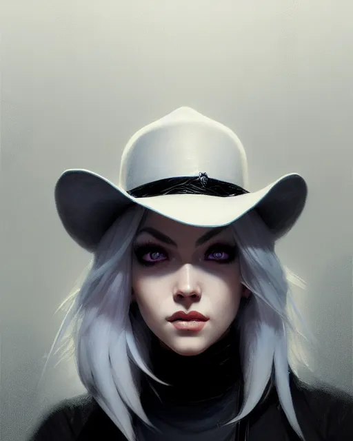 Image similar to ashe from overwatch, white hair, black hat, character portrait, portrait, close up, concept art, intricate details, highly detailed by greg rutkowski, michael whelan and gustave dore