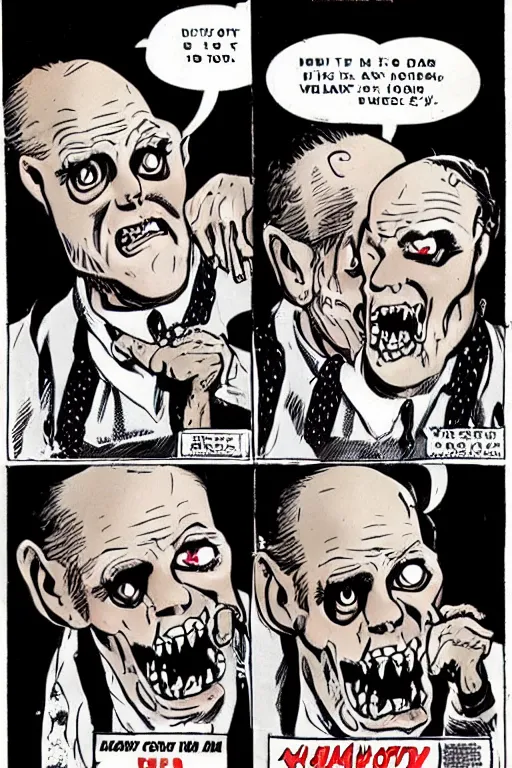 Image similar to Rudy Giuliani as a zombie, illustrated in the style of a 1950’s comic book