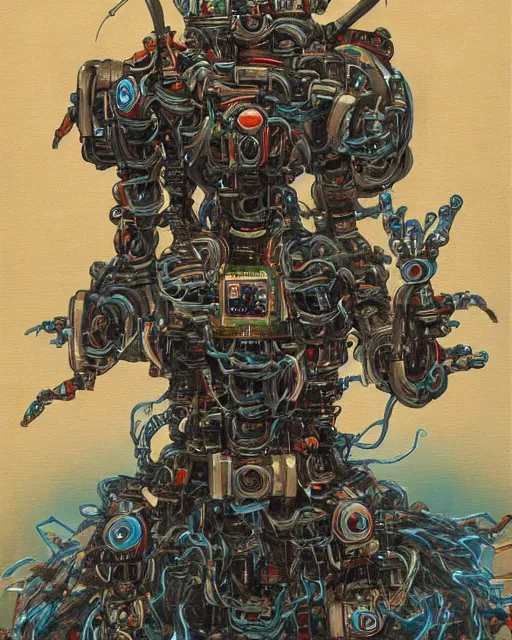 Prompt: Kuniyoshi portrait of a robot saint made of cables and robotic pod in the style of peter mohrbacher