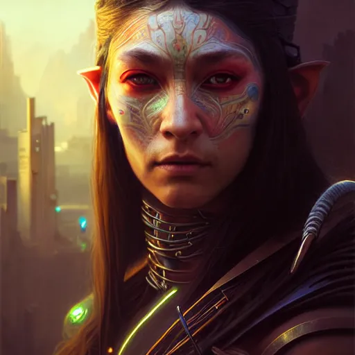 Image similar to portrait painting of a cyberpunk native american elven street samurai, ultra realistic, concept art, intricate details, eerie, highly detailed, photorealistic, octane render, 8 k, unreal engine. art by artgerm and greg rutkowski and charlie bowater and magali villeneuve and alphonse mucha