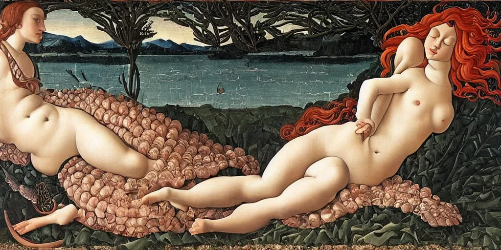 Image similar to an hyperrealistic mythological oil painting of venus with long curly brown hair, full body, wearing floral chiton, sleeping in a giant scallop shell near the seashore, intricate, elegant, renaissance style, by sandro botticelli