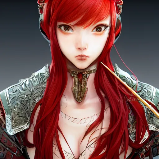 Prompt: a red haired female knight as an absurdly beautiful, elegant, young sensual anime girl, ultrafine hyperrealistic detailed face illustration by kim jung gi, irakli nadar, intricate linework, sharp focus, bright colors, matte, octopath traveler, final fantasy, unreal engine highly rendered, global illumination, radiant light, intricate environment