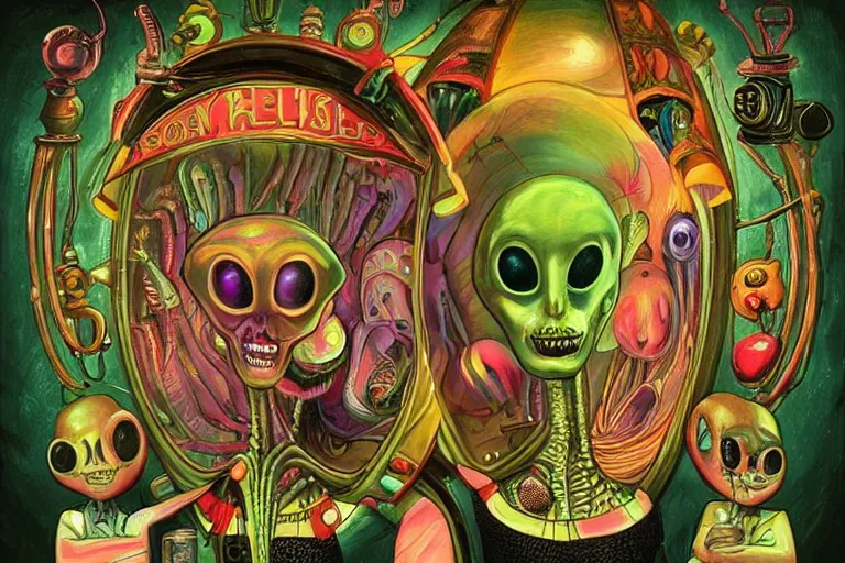 Prompt: 👽 aliens in an english pub lowbrow, amazing colorful background, digital art, concept art, in the style of mark ryden, 3 - d