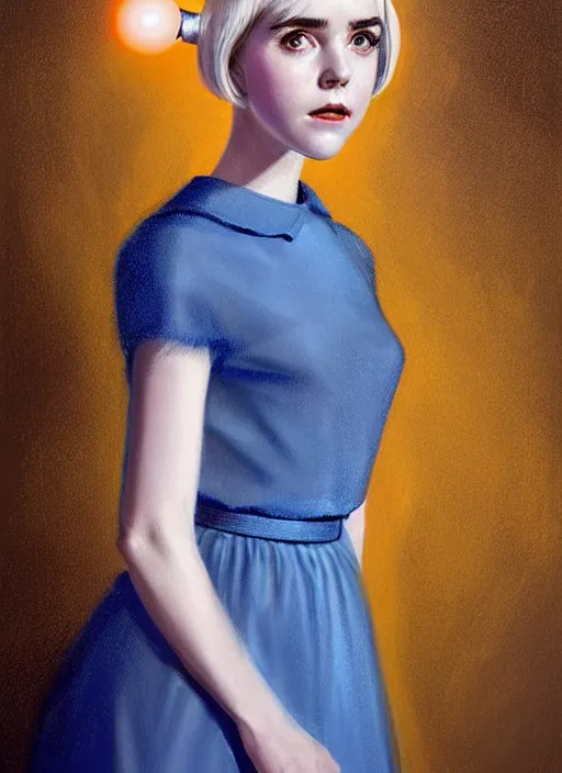 Image similar to portrait of kiernan shipka with freckles, white hair, 1 9 6 0 s bob hairstyle with bangs and hairband, blue 1 9 6 0 s dress, intricate, elegant, glowing lights, highly detailed, digital painting, artstation, concept art, smooth, sharp focus, illustration, art by wlop, mars ravelo and greg rutkowski