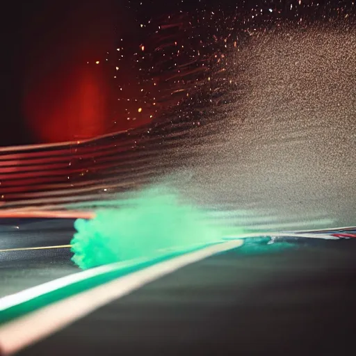 Prompt: go - kart racer taking a corner at speed on a race track, motion blur, laser, smoke, debris, fast movement, artistic angle, light streaks, dark mood, night time