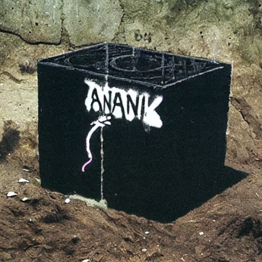 Image similar to banksy graffiti on cursed ancient anunnaki black cube tomb, 1 9 9 9 aesthetic