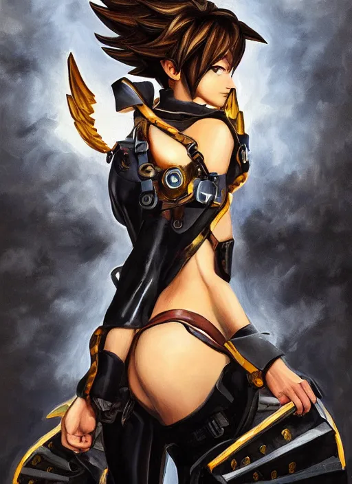 Image similar to full body oil painting of tracer overwatch in style of biblical art, angel wings, dramatic painting, symmetrical composition, wearing detailed leather collar, black shiny armor, chains, black harness, detailed face and eyes,