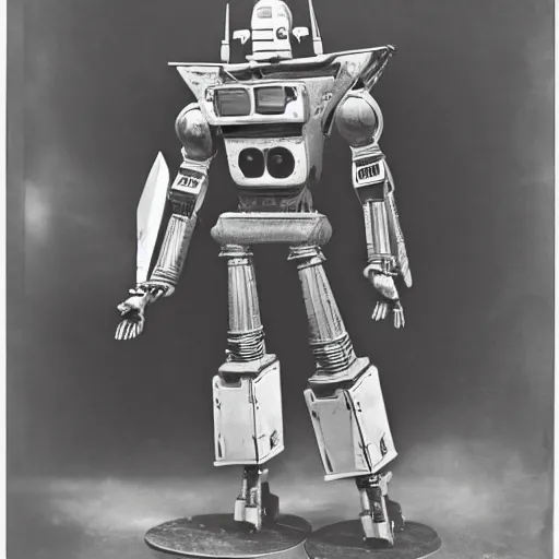 Prompt: an antique photograph of Starscream, in robot mode, in Chicago, photorealistic, national archives (1938)