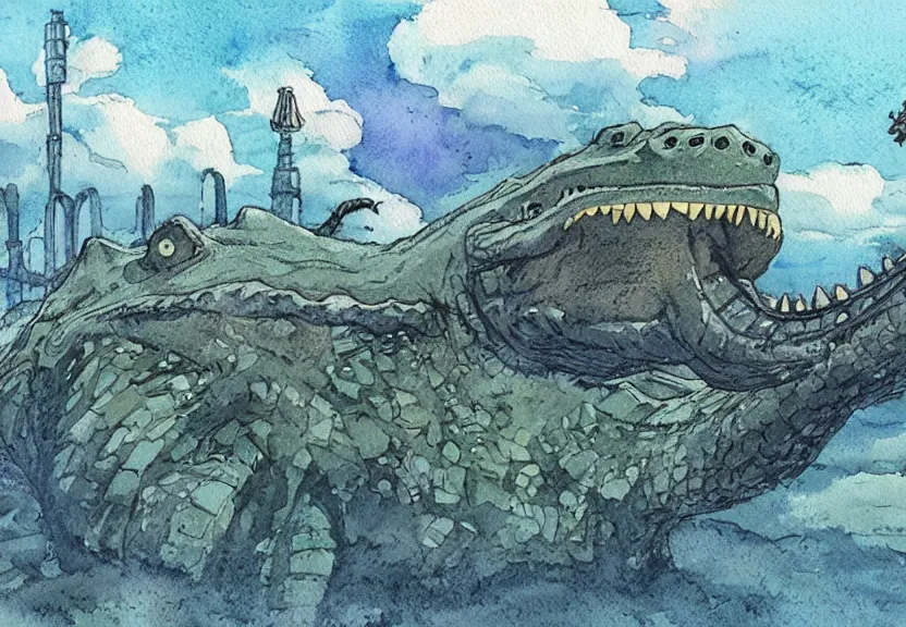 Image similar to a hyperrealist watercolor concept art from a studio ghibli film showing a giant grey mechanized crocodile from howl's moving castle ( 2 0 0 4 ). stonehenge is under construction in the background, in the rainforest on a misty and starry night. a ufo is in the sky. by studio ghibli