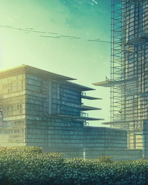 Image similar to a beautiful very detailed anime illustration of architecture unfinished building city manor nature industrial architecture by cesar pelli, bladerunner 2 0 4 9 retro morning sun, archdaily, wallpaper, highly detailed, trending on artstation.