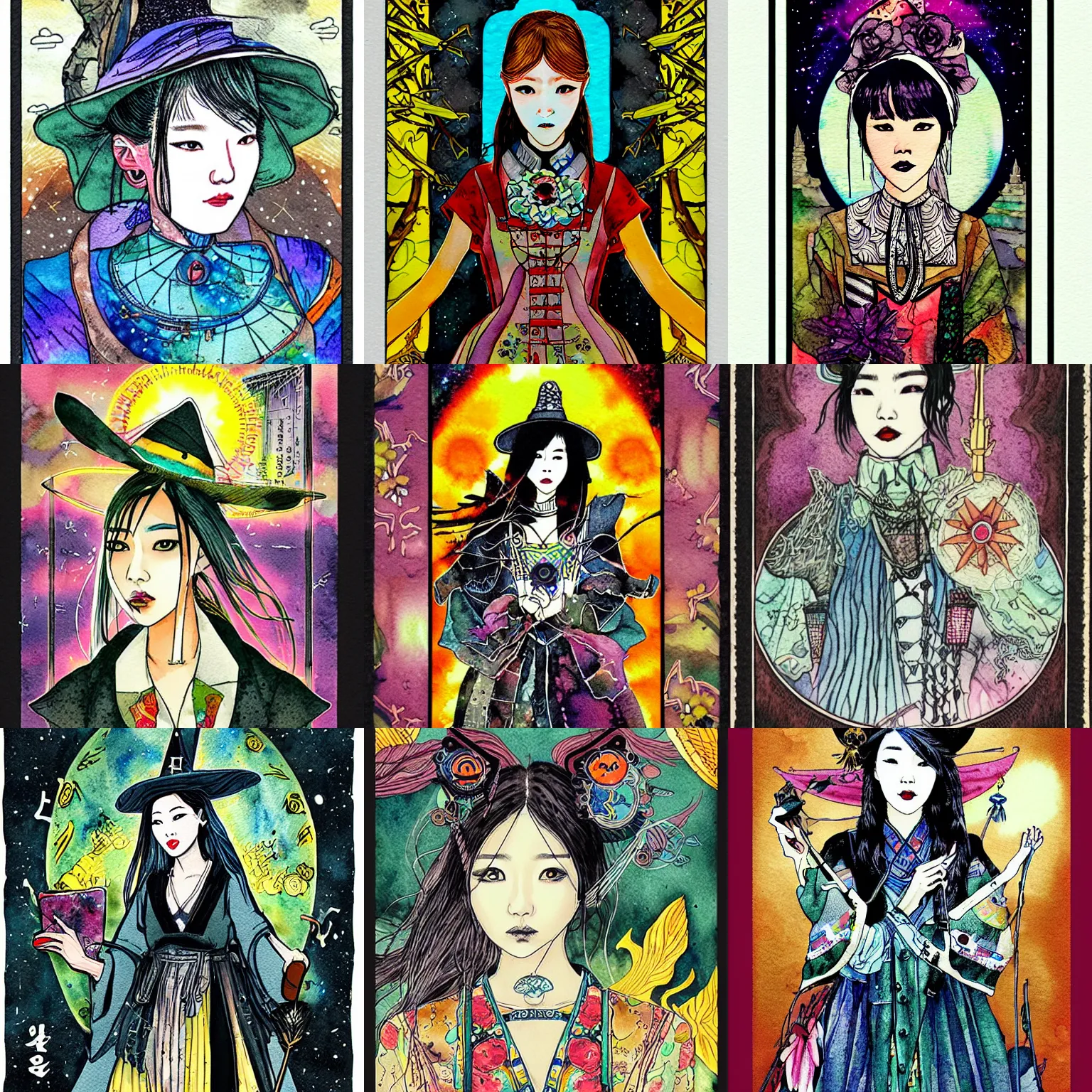 Prompt: korean women's fashion machine witch tarot card, intricate watercolor solarpunk portrait by tim doyle