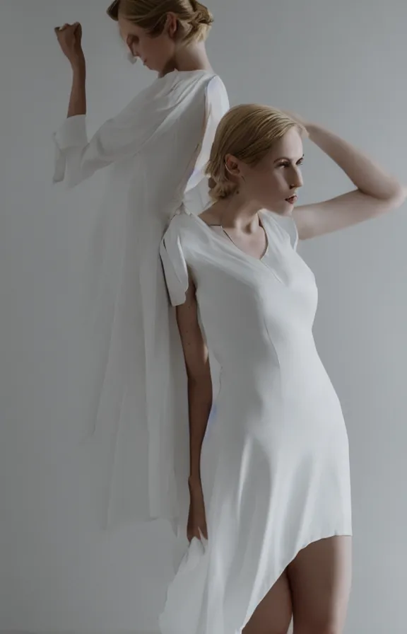 Image similar to photo of gorgeous seductive tall emily skinner cosplaying annie leonhart wearing elegant white dress, wearing open toe heels, in a white room, beautiful face, pale skin, rule of thirds, cinematic lighting, sharp focus, backlit, stunning, smooth, hard focus, full body shot, studio photo, shot on sony a 7 iii