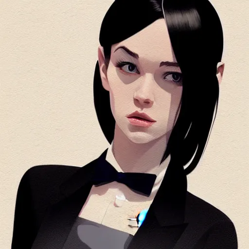 Image similar to young british special ops female in black tuxedo, muted colors, matte print, pastel colors, 2d, ultra highly detailed, smooth, sharp focus, digital art, digital painting, fan art, elegant, artstation, head is centered, by Ilya Kuvshinov