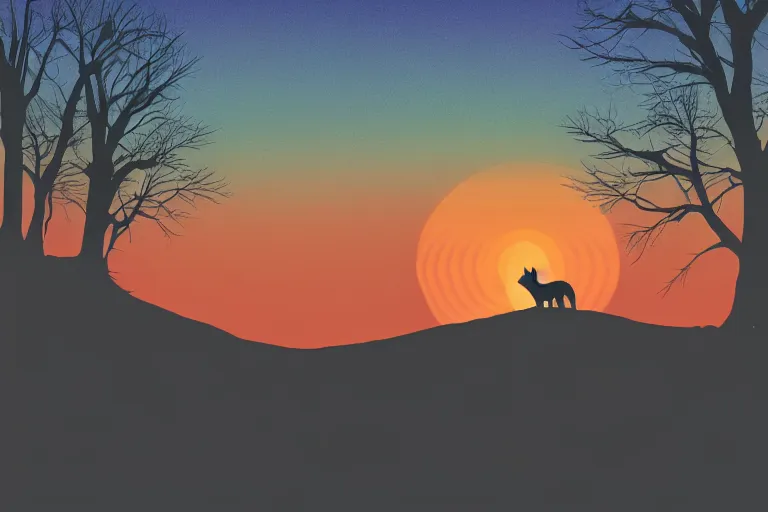 Prompt: far away wolf on the mountain silhouette, extremely detailed digital art, sunset, orange gradient, 8k