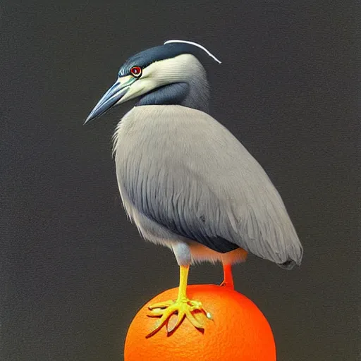 Image similar to painting of hybrid black crowned night heron with cat ears, with orange black and white fur, intercrossed animal, mixture animal, by zdzislaw beksinski, by tiffany bozic, by chris buzelli, cute animal