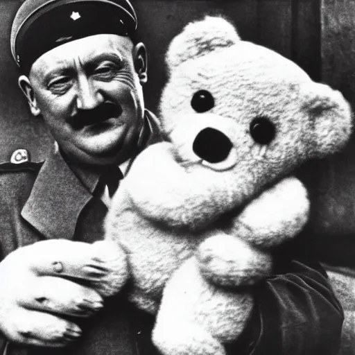 Prompt: hitler holding a teddy bear, propaganda poster