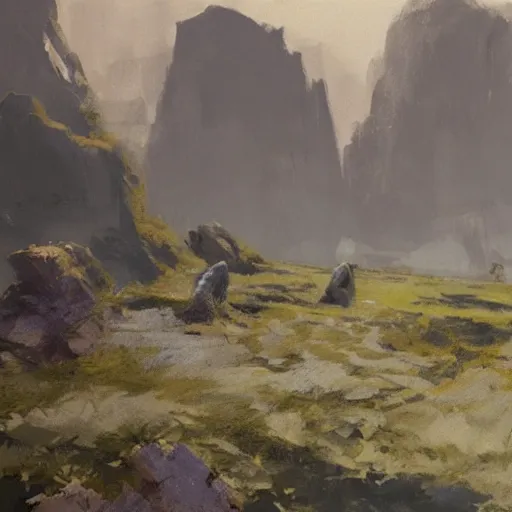 Image similar to concept art by craig mullins : an italian landscape, in the distance a small mesa of white marble can be seen. a stone henge is standig atop of the cliff