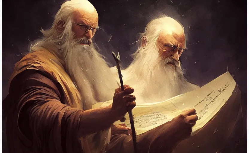 Prompt: a painting of the all father holding a scroll trending on artstation in the style of greg rutkowski, beautiful, male, sensual, wise, natural skin, black beard, leader, staff, 1 5 0 0 s