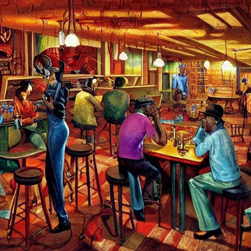 Image similar to louisiana bayou juke joint interior by ernie barnes