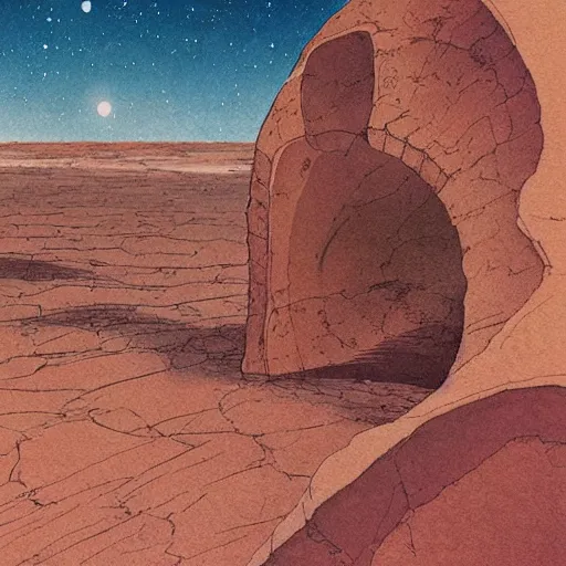 Prompt: [ illustration of a barren desert ] [ old ailen ruins ] [ gauche watercolour soft beautiful colours ] [ moebius, science fiction art ] [ composition, style, key art, cover art ]