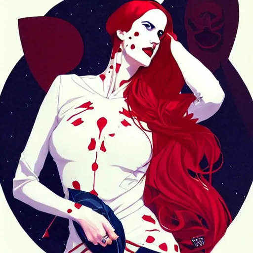 Image similar to Joshua Middleton comic art, wide shot, stunning elegant female Eva Green, kabuki mask, beautiful evil sneer, symmetrical face, symmetrical eyes, leather clothing and boots, long straight red hair, full body, Indigo occult pattern