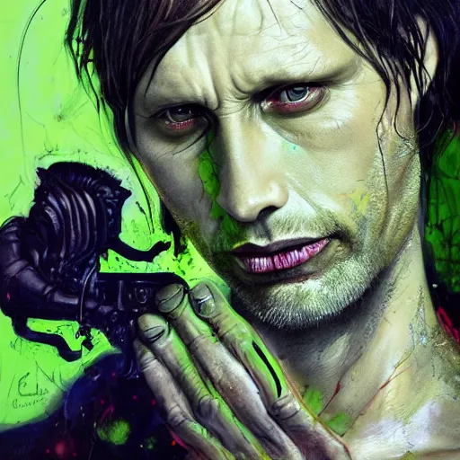 Image similar to a Demon Slayer portrait of Mads Mikkelsen, tall, pale-skinned, slender with lime green eyes and long eyelashes by Stanley Artgerm, Tom Bagshaw, Arthur Adams, Carne Griffiths, trending on Deviant Art, street art, face enhance, chillwave, maximalist, full of color, glittering