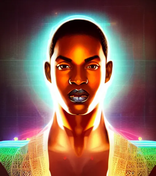 Image similar to symmetry!! african prince of technology, solid cube of light, hard edges, product render retro - futuristic poster scifi, lasers and neon circuits, brown skin man african prince, intricate, elegant, highly detailed, digital painting, artstation, concept art, smooth, sharp focus, illustration, dreamlike, art by artgerm