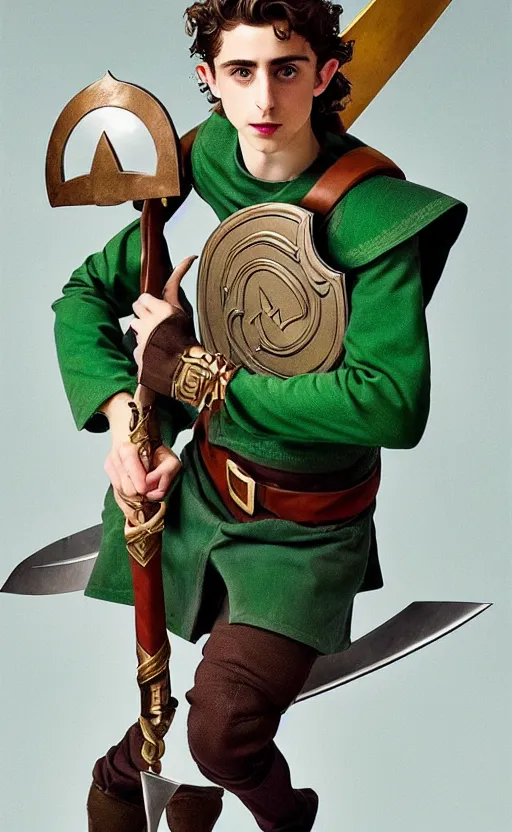 Image similar to Timothee Chalamet as Link from Legend of Zelda, elf ears, +++ super super super dynamic posing, j.c. leyendecker, Valentina Remenar, thick eyebrows, super serious facial expression, holding a sword & shield, ocarina of time