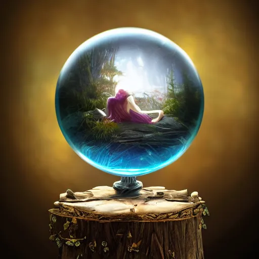 Image similar to crystal ball on a wood stand with a beautiful dreamscape inside, studio product photography, super highly detailed, professional digital painting, artstation, concept art, smooth, sharp focus, extreme illustration, unreal engine 5, photorealism, beautiful, cinematic, art by artgerm and rutkowski and alphonse mucha and loish and wlop