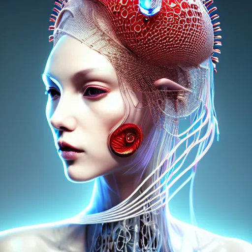 Image similar to portrait of an absurdly beautiful, graceful, sophisticated, fashionable cyberpunk mechanoid gravure idol, hyperdetailed illustration by irakli nadar, adut akech, matt wisniewski style, intricate linework, white porcelain skin, jellyfish headdress, crystal ruff, unreal engine 5 highly rendered, global illumination, red light, detailed and intricate environment