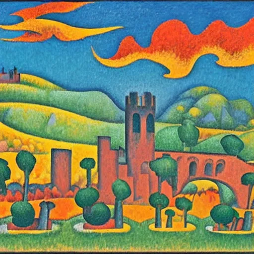 Image similar to medieval monks dancing around bonfire, knights and king at the top of the castle, farmers working in the field, large field of view landscape, fire fills the sky, Artwork by Jean Metzinger